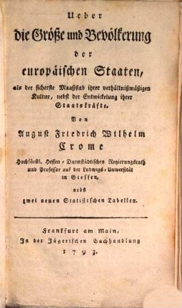 Ueber die Größe und Bevölkerung der sämmtl. Europäischen Staaten