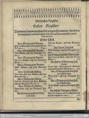 Erstes Register, Darinnen seyn verzeichnet die jenigen Creaturen, die in den Sonntäglichen und fürnemsten Fest-Evangelien vorlauffen und erkläret worden