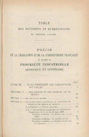 Table des divisions et subdivisions du présent volume