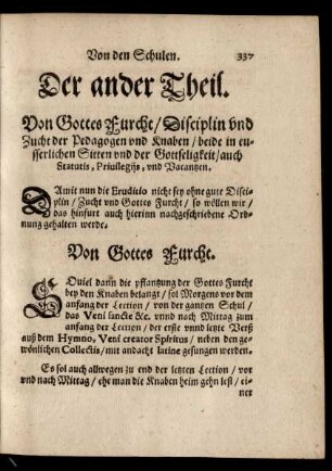 Der ander Theil. Von Gottes Furcht/ Disciplin und Zucht der Pedagogen und Knaben ...