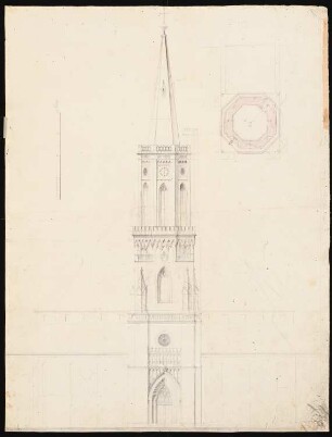 Stadtpfarrkirche St. Maria, Bunzlau Turm: Ansicht, Grundriss Turm (Projekt 2)