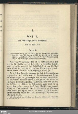 I. Gesetz, das Volksschulwesen betreffend; vom 26. April. 1873