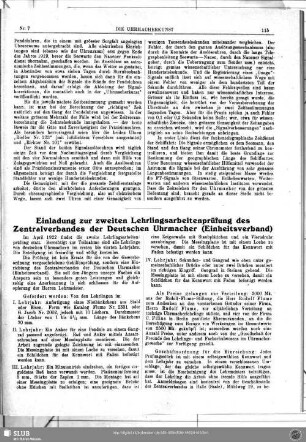 Einladung zur zweiten Lehrlingsarbeitenprüfung des Zentralverbandes der Deutschen Uhrmacher (Einheitsverband)