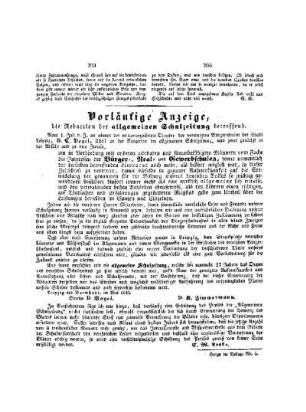 Vorläufige Anzeige die Redaction der Allgemeinen Schulzeitung betreffend