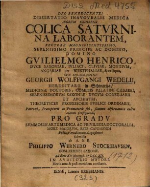 Dissertatio Inavgvralis Medica Aegrvm Exhibens Colica Satvrnina Laborantem