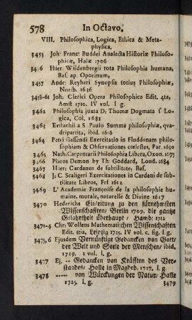 578-598, VIII. Philosophica. Logica, Ethica, Metaphysica - X. Anatomia, Medicina Pharmacopaea, Chymia Chirurgia