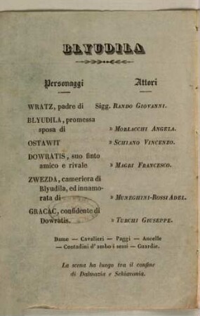 Blyudila di Wratz : azione mimico-romantica divisa in cinque atti ; da rappresentarsi nel Teatro Comunale di Bologna l'autunno del 1851