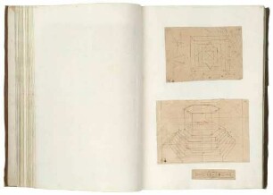 (a) Grundrisszeichnung, (b) Stereometrische Darstellung eines Objekts mit sechseckiger Grundfläche, (c) Kleine Grundrisszeichnung, aus: "Perspectief Buch [...]" [Perspektivübungsbuch des 16-jährigen Kurprinzen]