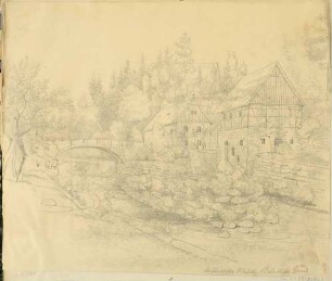 Die Mühlsdorfer Mühle mit Brücke über die Wesenitz im Liebethaler Grund westlich von Lohmen in der Sächsischen Schweiz