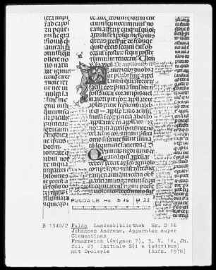 Johannes Andreae, Apparatus super Clementinas — Initiale S (i a iudicibus), daran ein hundeartiges Tier, Folio 23recto