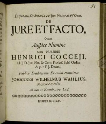 Disputatio Ordinaria ex Iur. Natural. & Gent. De Iure Et Facto