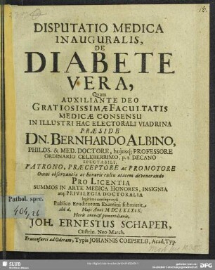 Disputatio Medica Inauguralis, De Diabete Vera