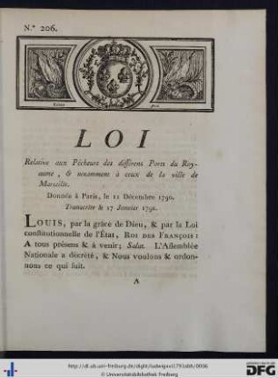 Loi Relative aux Pêcheurs des différens Ports du Royaume, & notamment à ceux de la ville de Marseille.