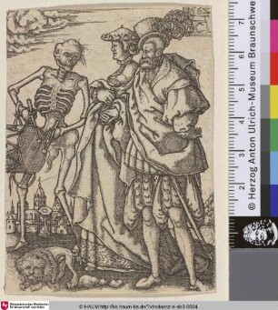 [Death-Dance; Totentanz: Ein Paar mit Löwchen begleitet von trommelndem Skelett]