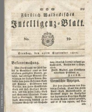 No. 39, Dienstag, den 25ten September 1810