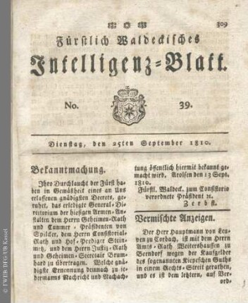 No. 39, Dienstag, den 25ten September 1810