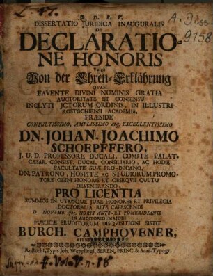 Dissertatio Iuridica Inauguralis De Declaratione Honoris Vulgo Von der Ehren-Erklährung