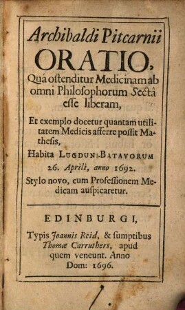 Oratio, qua ostenditur, Medicinam ab omni Philosophorum Secta esse liberam