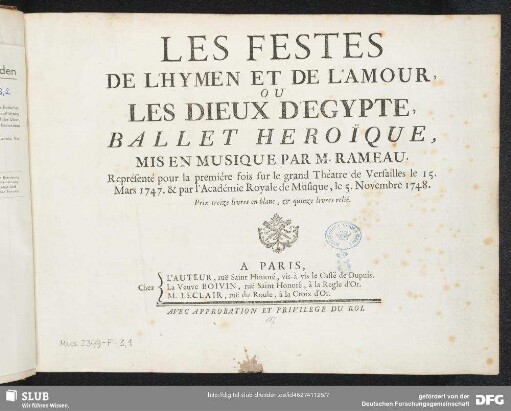 Les festes de l'Hymen et de l'Amour, ou Les dieux d'Egypte : Ballet heroïque