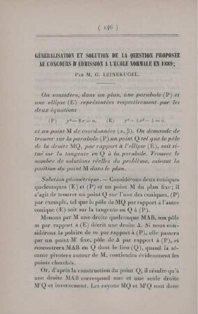 Généralisation et solution de la question proposée au concours d'admission a l'École Normale en 1889.