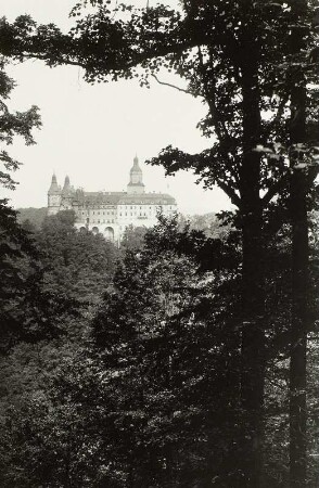 Schloss Fürstenstein bei Waldenburg in Schlesien. Blick von Süden über den Fürstensteiner Grund