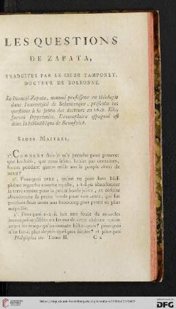 Les questions de Zapata: Traduit par le Sieur Tamponet, Docteur de Sorbonne