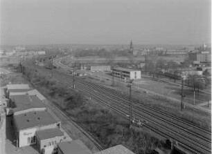 Dresden-Friedrichstadt. Blick vom Kühlhaus nach Nordosten über die Gleisanlagen der Eisenbahn : Technikgeschichte | Verkehr | Schienenverkehr | Bahnkörper