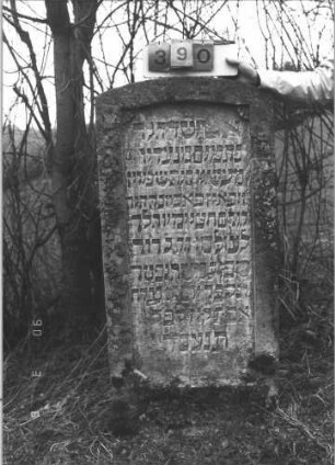 Grabstein 390 (Index: 99609114) Material: Sandstein Zustand: stärker verwittert Maße HxBxT: 131x66x10 cm Beschreibung: Stele, Segmentbogenabschluß, Schriftfeld eingetieft in gleicher Form: Grabstein 390 (2)