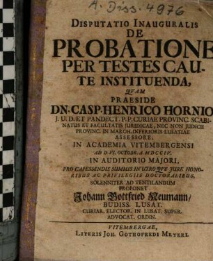 Disputatio Inauguralis De Probatione Per Testes Caute Instituenda