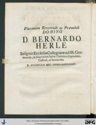 Plurimum Reverendo ac Praenobili Domino D. Bernardo Herle ...