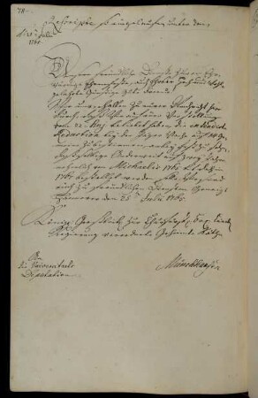 Verlängerung der Polizeiwache um zwei Jahre vom Michaelistag 1765 bis zum Michaelistag 1767 jedoch mit Reduzierung des Personals von 16 auf 14 Personen.