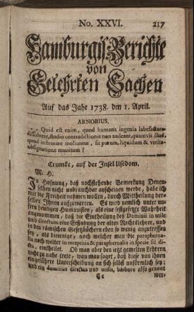 No. XXVI. Auf das Jahr 1738. den 1. April. - No. XXXIII. Auf das Jahr 1738. den 29. April.
