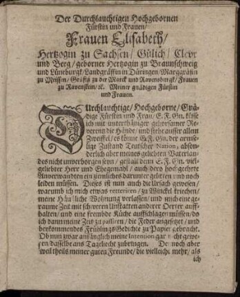 Der Durchlauchtigsten Hochgebornen Fürstin und Frauen Frauen Elisabeth, Hertzogin zu Sachsen [...]