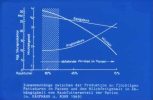 Zusammenhänge zwischen der Produktion an flüchtigen Fettsäuren im Pansen und dem Milchfettgehalt in Abhängigkeit vom Rauhfutteranteil der Ration (nach Kaufmann und Rohr, 1969)