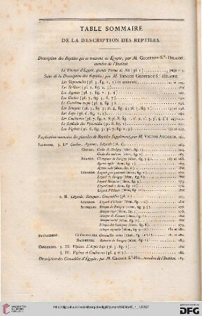 Table sommaire de la description des reptiles