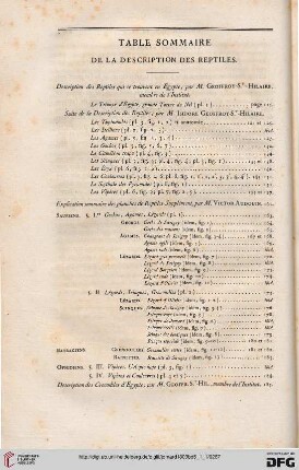 Table sommaire de la description des reptiles