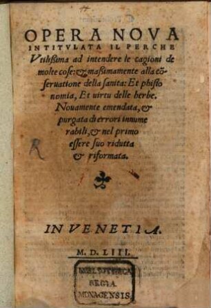 Opera intitulata il Perche alla conservatione della Sanità
