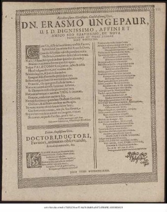 Excellentißimo, Clarißimo, Consultißimoque Viro, Dn. Erasmo Ungepaur, U.I.D. Dignissimo, Affini Et Amico Suo Suavissimo, De Nova Functione Et Felici Itinere Bene Ominatus