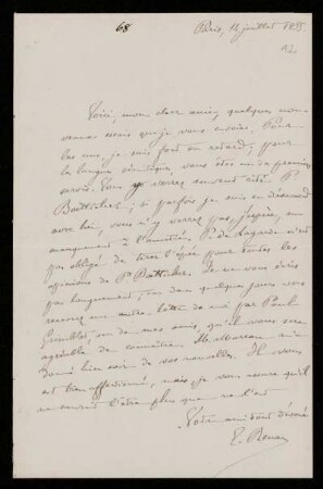 Nr. 12: Brief von Ernest Renan an Paul de Lagarde, Paris, 14.7.1855