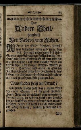 Der Andere Theil / handelt Von Gebrochenen Zahlen.