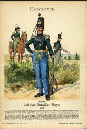 Uniformdarstellung, Offizier, Sergeant und Gemeiner des Leichten Bataillons "Hoya", Königreich Hannover, 1816.