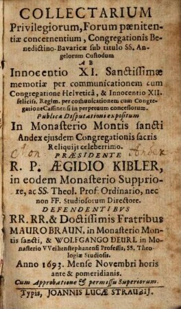 Collectarium privilegiorum, forum paenitentiae concernentium, Congregationis Benedictino-Bavaricae ... ab Innocentio XI. ... concessorum