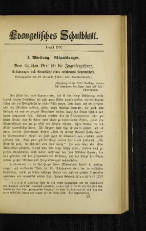 Vom täglichen Brot für die Jugenderziehung : Erfahrungen und Grundsätze eines erfahrenen Lehrmeisters