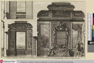 [Aufriss zweier Räume mit einem an einem Tisch sitzenden Mann vor einem Spiegel; Coupe d'une chambre et d'une anti-chambre ornées de lambris]