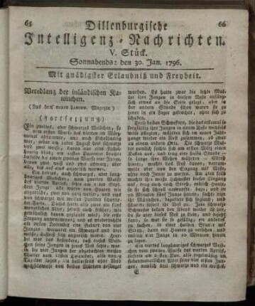 V. Stück. Sonnabends: den 30. Jan. 1796.
