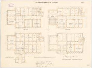 Amtsgericht und Gefängnis, Neurode: Gericht: Grundriss Keller, Erdgeschoss, 1. und 2. Obergeschoss 1:100