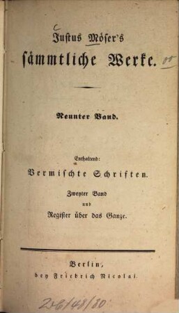 Vermischte Schriften von Justus Möser, Zweyter Theil : Mit vollständigem Register über alle Mösersche Schriften
