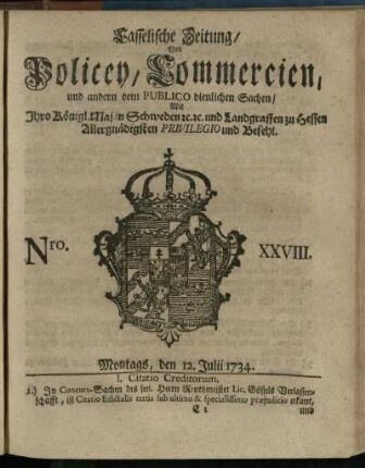 Nro. XXVIII, Montags, den 12. Julii 1734