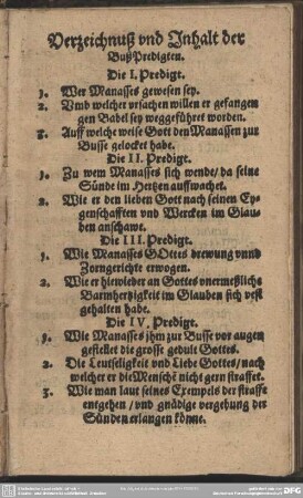 Verzeichnuß und Inhalt der Buß-Predigten