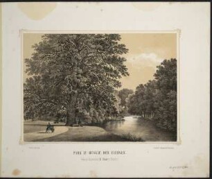 [Bl. 6] : Park zu Muskau. Der Eichsee, Stahlstich, um 1867 : Ansichten aus dem Park zu Muskau / [Naturz. u. lith. v. Arldt]. - Muskau i./d. Ober-Lausitz : Ahner ; Dresden : Braunsdorf , [circa 1867]. - [22] Bl. : überw. Ill. ; quer-8°. - Ausg. mit 21 Stahlstichen
